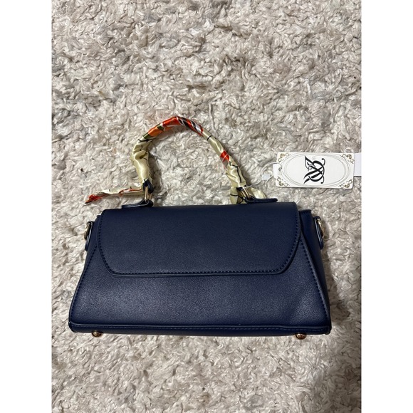 Navy Blue Vegan Leather Satchel Crossbody Bag w wallet & Scarf Accent, NWT. - Picture 1 of 9